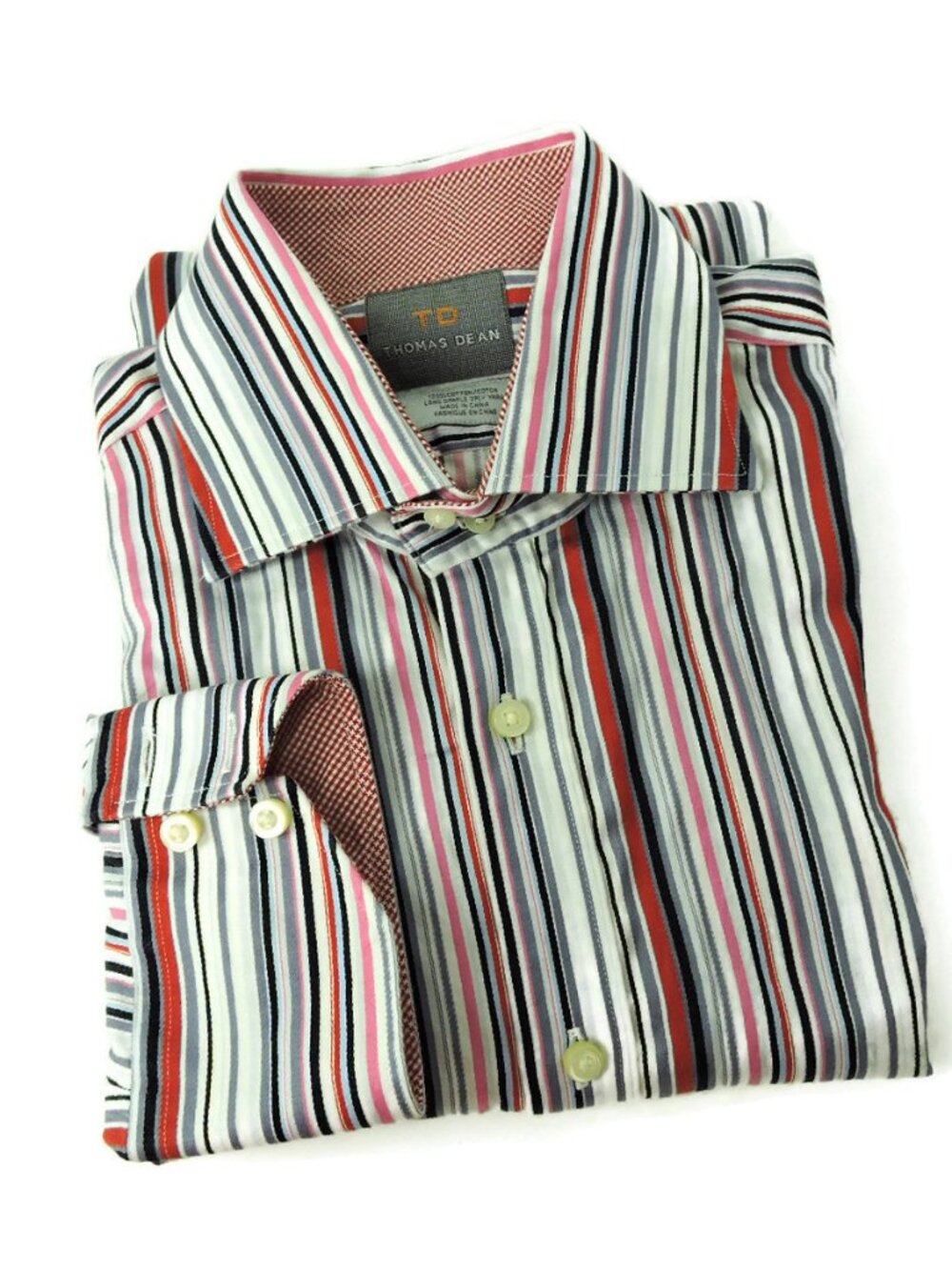 THOMAS DEAN Striped Gingham FLIP CUFF SHIRT men's L large